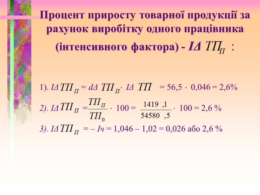 Процент приросту товарної продукції за рахунок виробітку одного працівника (інтенсивного фактора) - ІΔ :